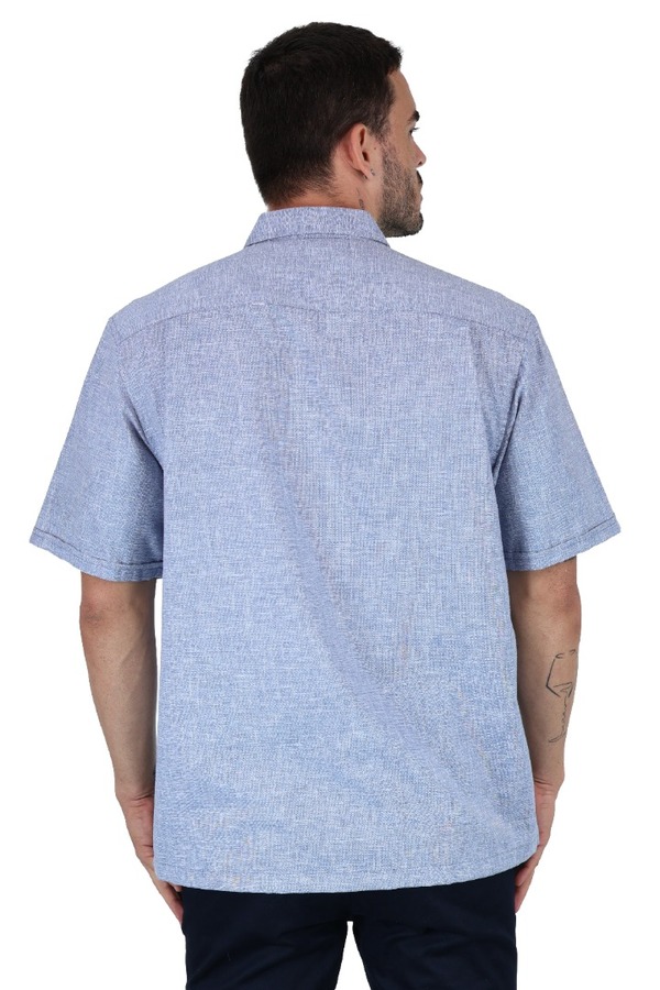 Guayamisa Manga Corta Azul Plúmbago Con Alforza Textura Lino Hombre